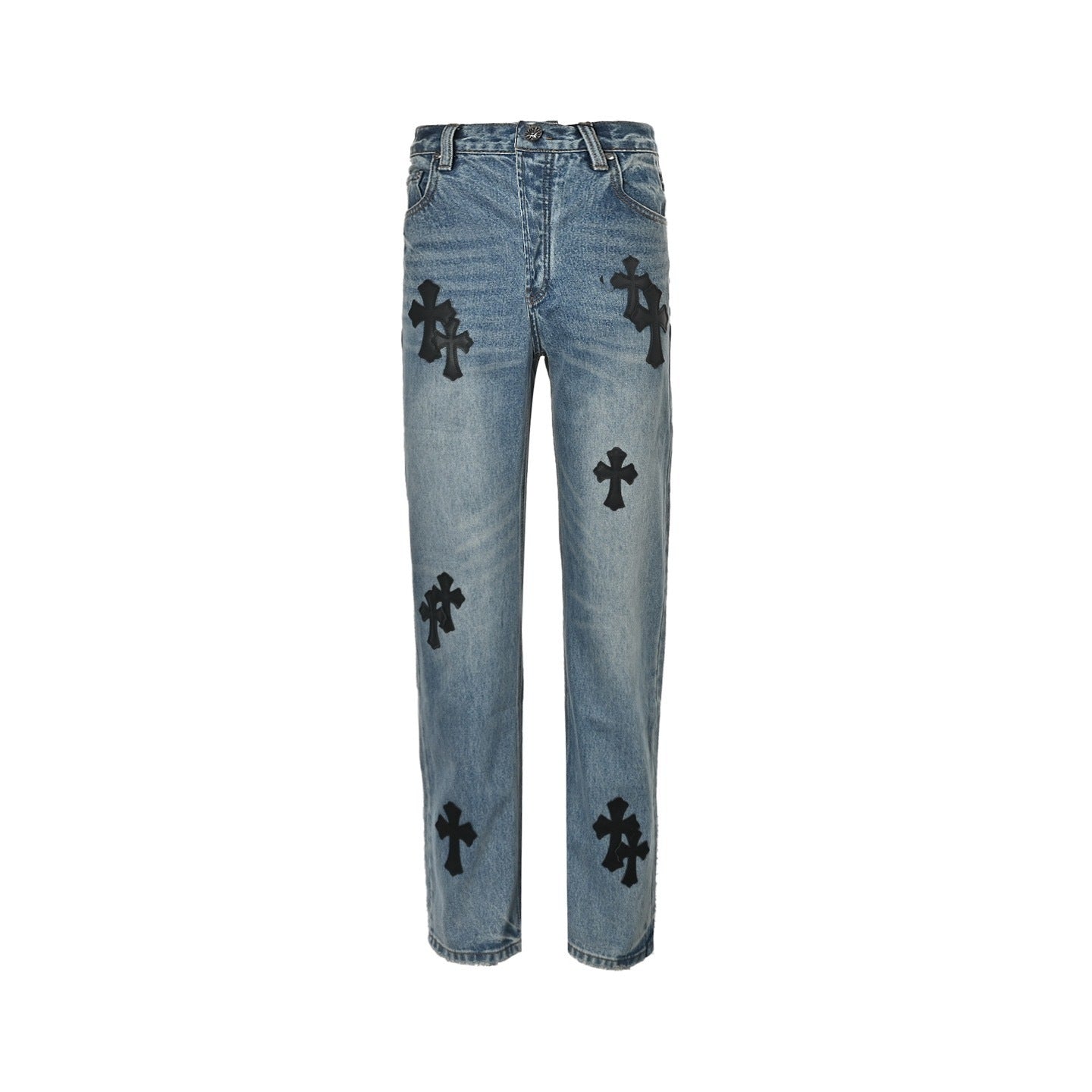 Black Leather Cross Emblem Jeans