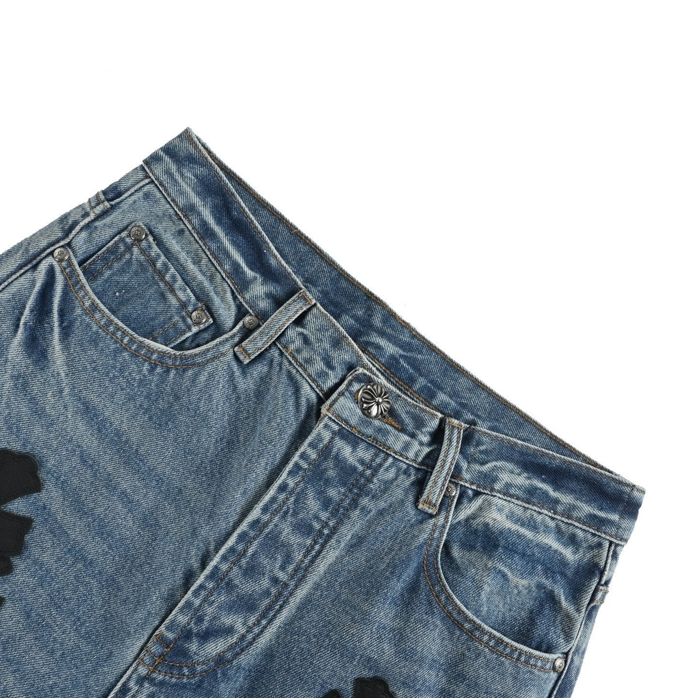 Black Leather Cross Emblem Jeans