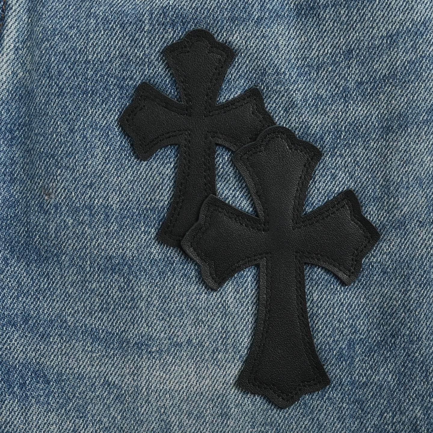 Black Leather Cross Emblem Jeans