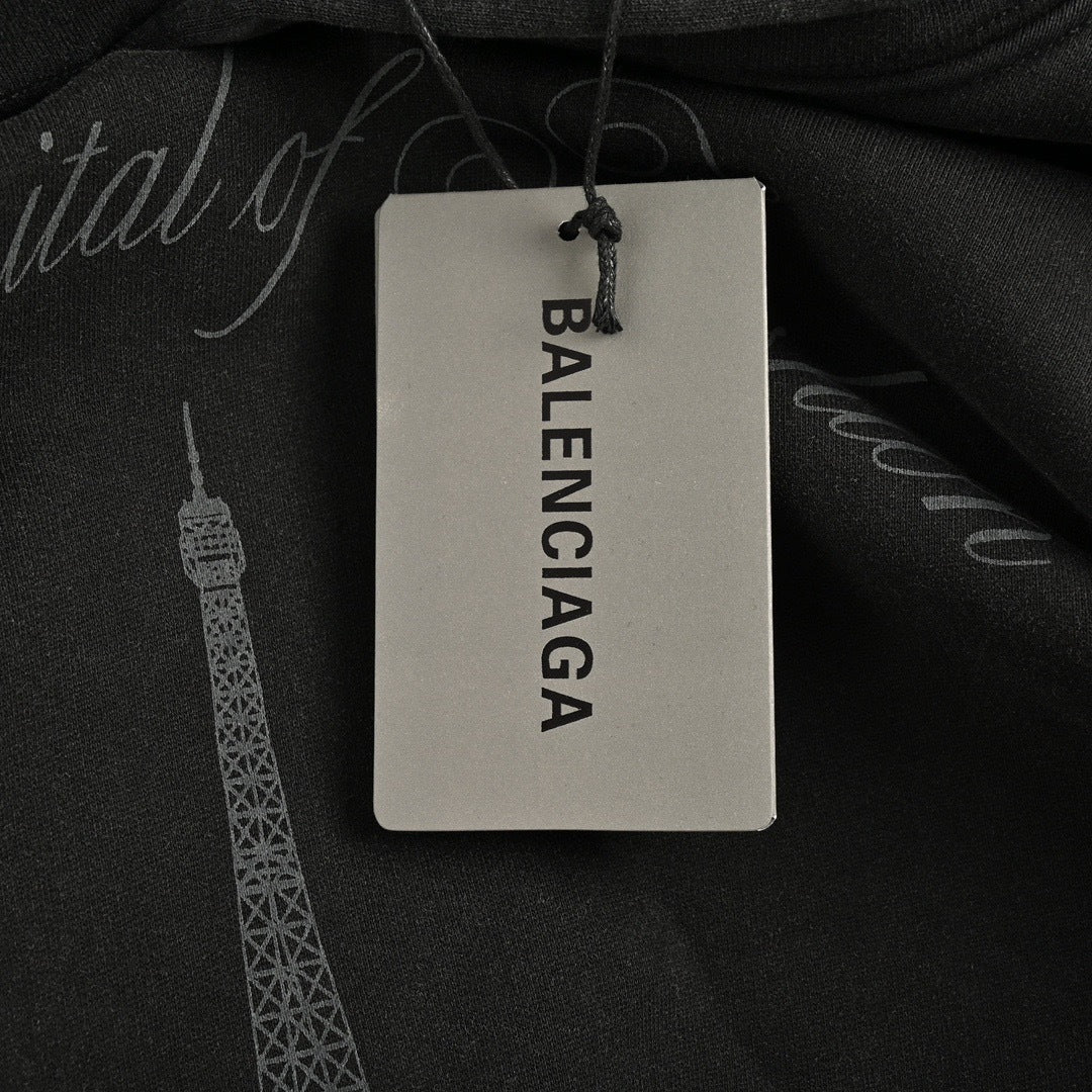 Iron Tower Print Washed Hoodie