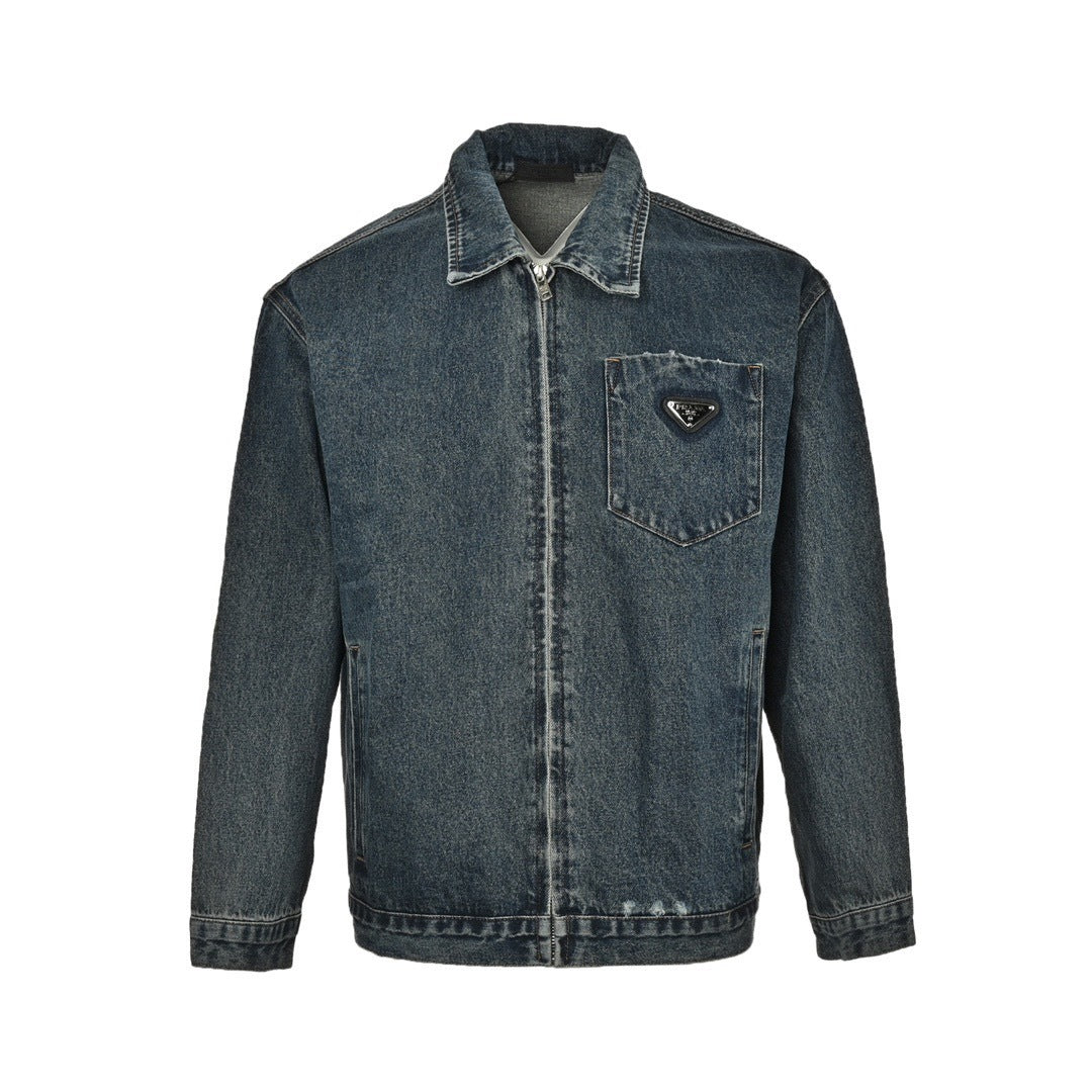 Washed distressed zipper denim jacket
