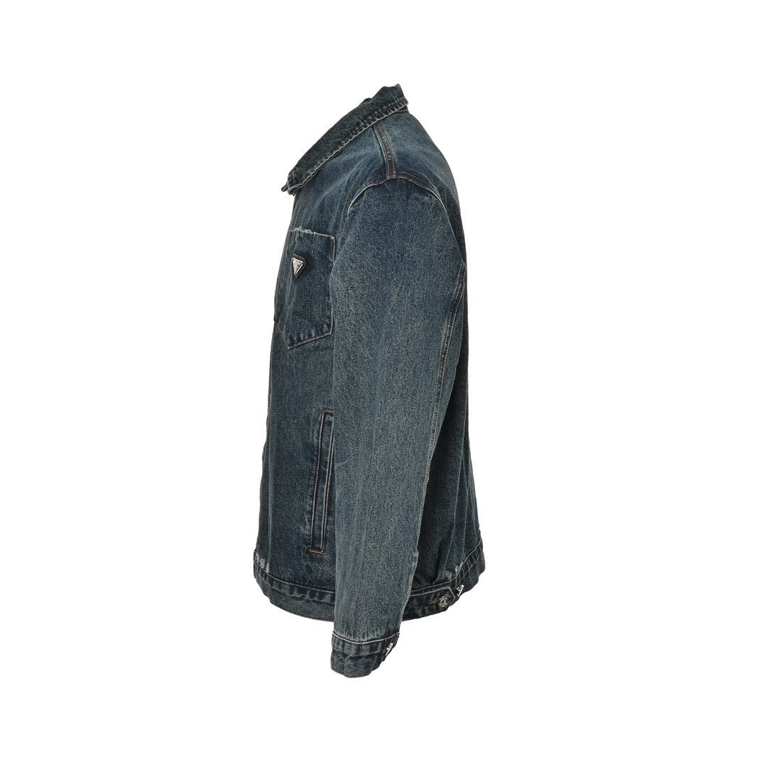 Washed distressed zipper denim jacket