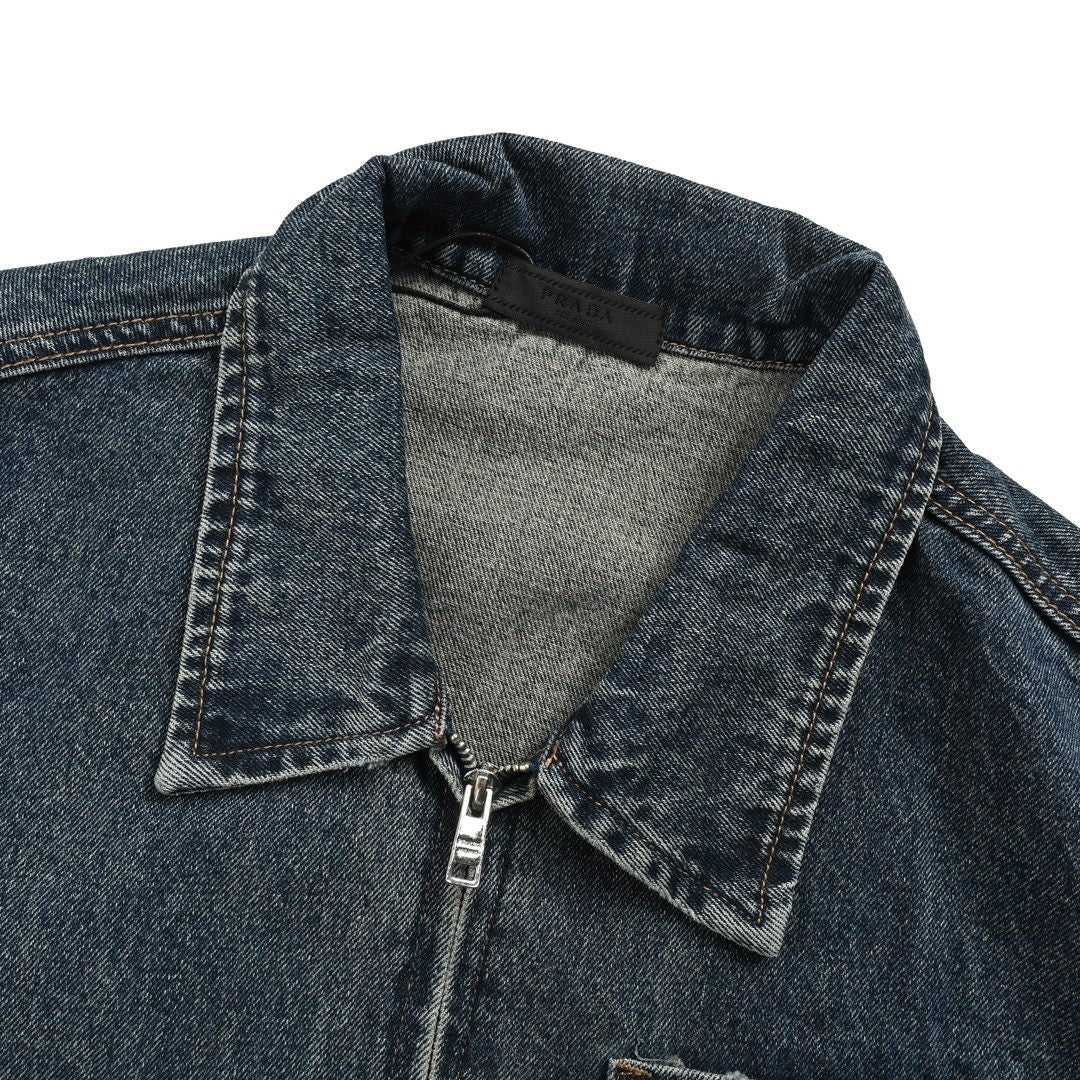 Washed distressed zipper denim jacket