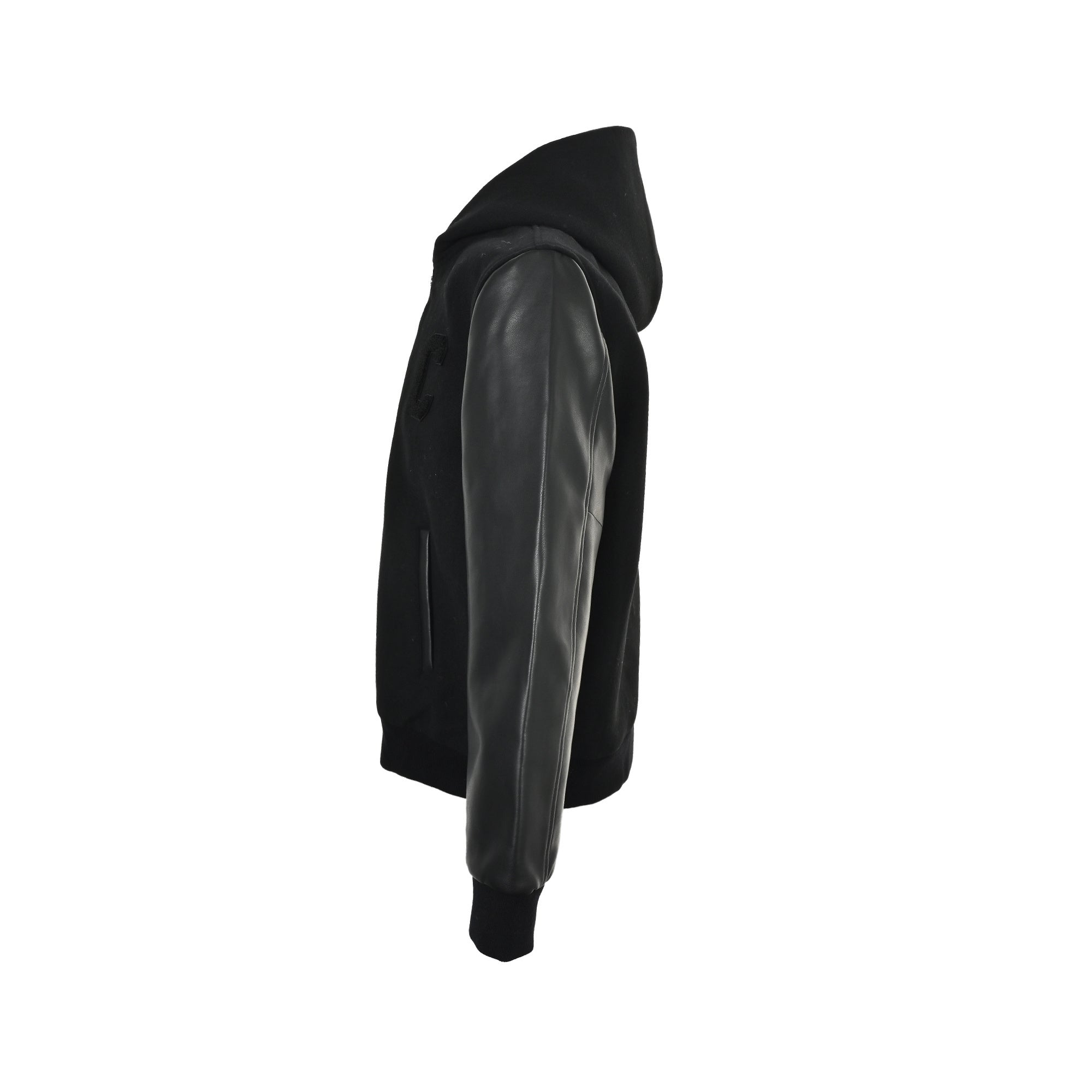 Woolen hooded coat with leather sleeves