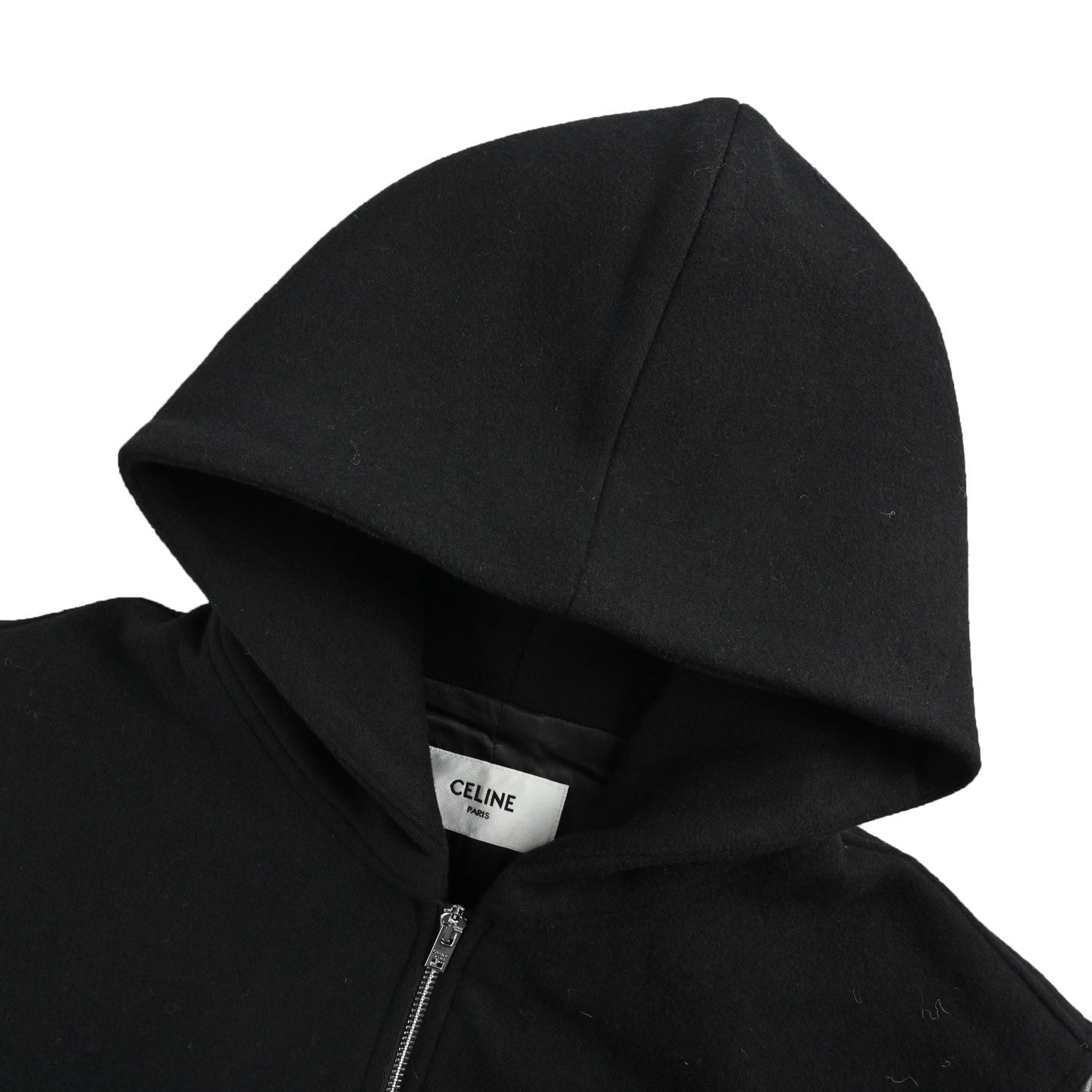 Woolen hooded coat with leather sleeves